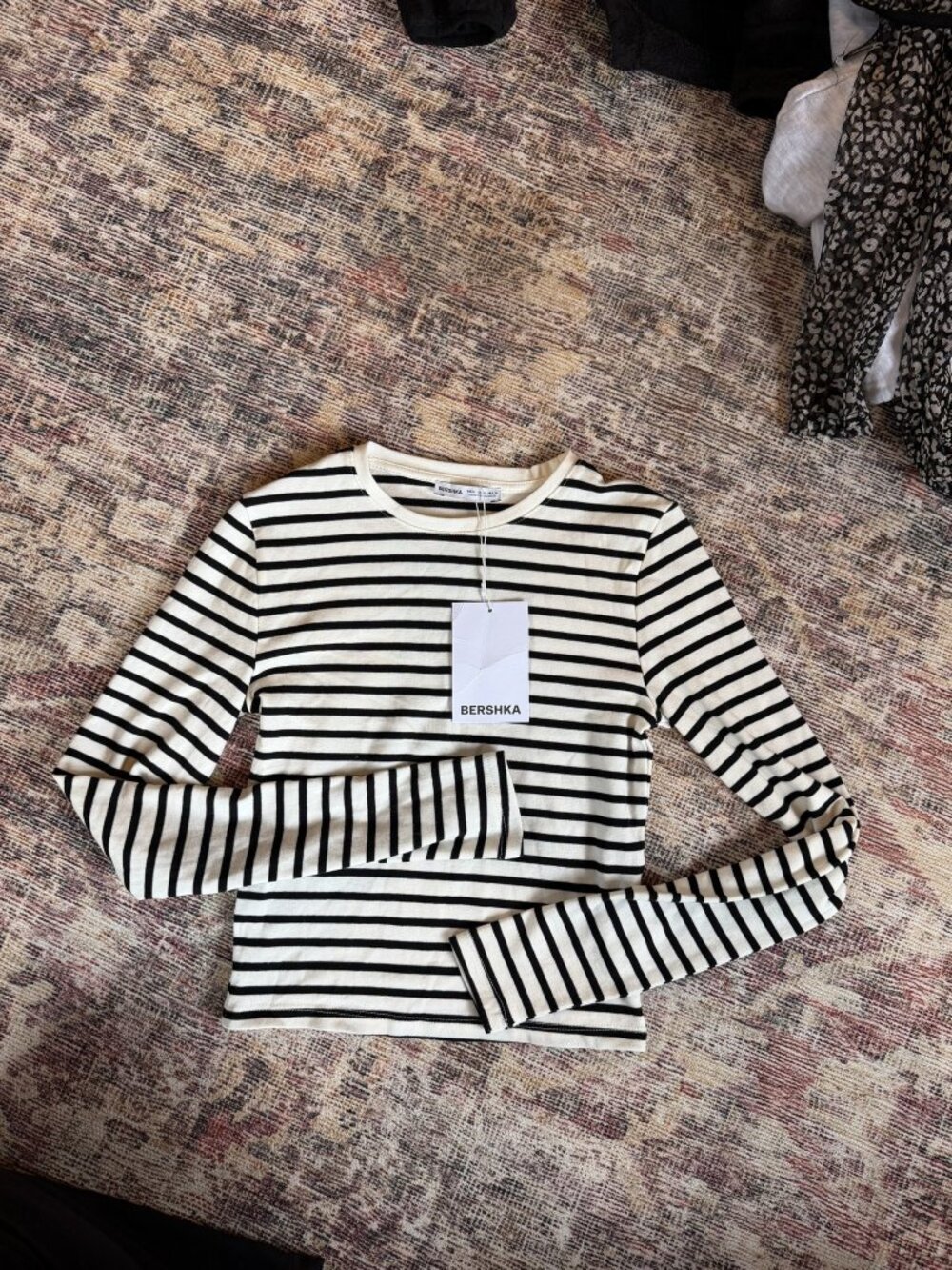 NWT Bershka Black White Striped Long Sleeve Fitted Top M Breton Stripe